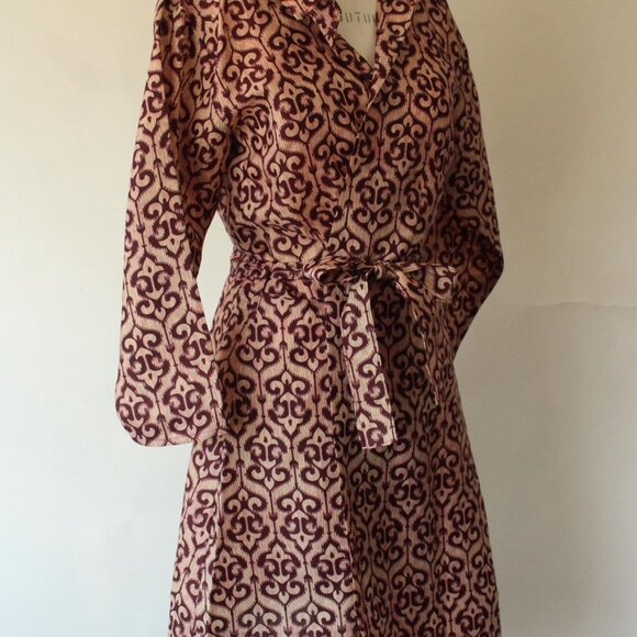 Vintage 1960s 1970s Dress, Burgundy and Ivory Batik Ethnic Print Wrap Dress - Picture 6 of 10